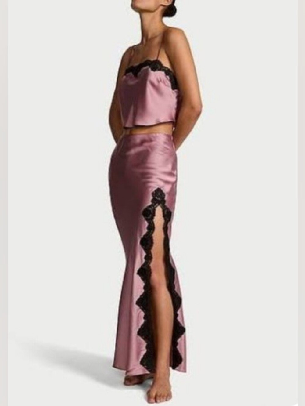 Victoria's Secret Satin Maxi Set with Black Lace Trim